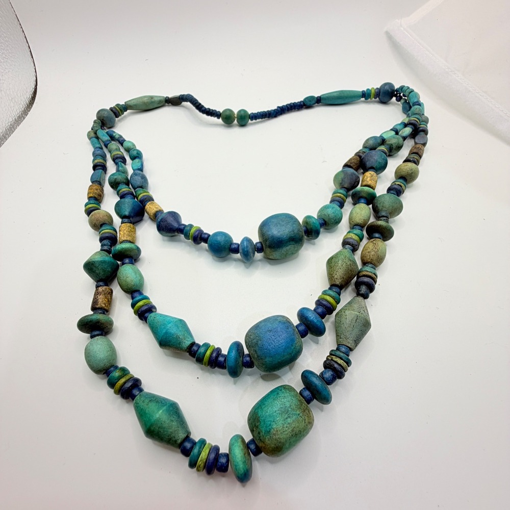 Vintage Multi Strand Wood Bead Necklace Blue Green Teal Boho Geometric Statement - Picture 7 of 16